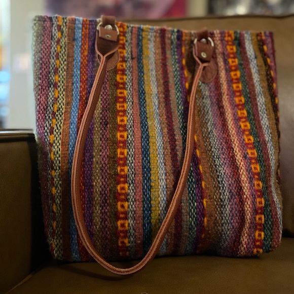 Unique chic colorful textured handwoven wool computer bag purse, leather handles - Picture 2 of 7